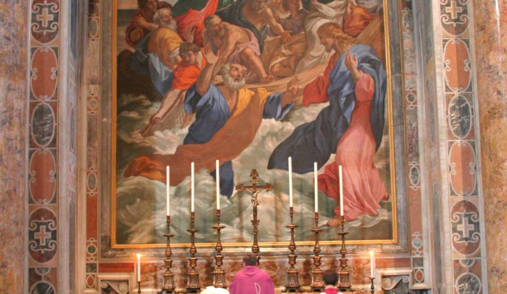 Basilica di San Pietro in Vaticano, altare della navicella, micromosaico del 1727 da un dipinto di Giovanni Lanfranco del 1626