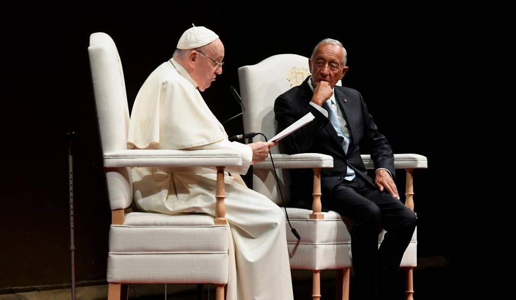 Lisbona, 2 agosto 2023: viaggio apostolico di Papa Francesco in Portogallo in occasione della 37ᵃ GMG. Incontro con le Autorità, con la Società Civile e con il Corpo Diplomatico nel Centro Culturale di Belém - Vatican Media/Sir