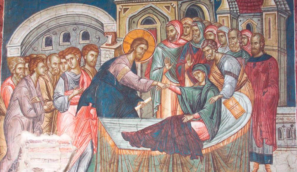 <i>﻿“La guarigione della suocera di Pietro” affresco del XIV secolo, Monastero serbo ortodosso di Visoki Dečani, Kosovo</i>