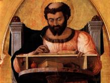 Andrea Mantegna , “Polittico di San Luca - scomparto centrale con San Luca allo scrittoio” 1453 – 1454, Pinacoteca di Brera, Milano