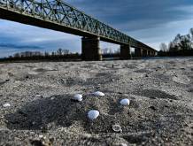 Il ponte della Becca alla confluenza del fiume Po e del suo affluente Ticino, del Parco del Ticino. Ponte della Becca (Pavia), 13 aprile 2023. ANSA/LUCA ZENNARO
