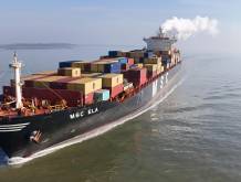 epa12794404 A drone image shows an aerial view of MSC Ela registered in Panama (IMO 9282259) leaving Antwerp harbour, near Hansweert, the Netherlands, 04 March 2026. The EU Commission is to present EU Industrial Maritime and Port Strategies, following the closure of the Strait of Hormuz amid the escalating regional conflict leading to growing concern over global oil supplies. EPA/OLIVIER HOSLET