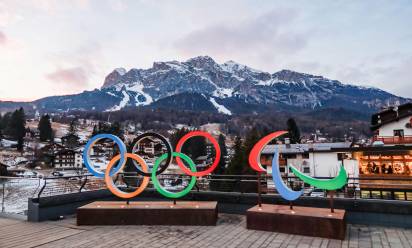 A general view of the Olympic emblem for the XXV Winter Olympic Games Milano Cortina 2026 in Cortina d'Ampezzo, Italy, on January 15, 2026