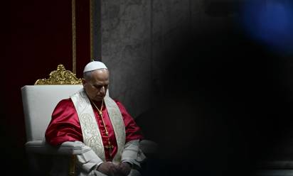 Pope Leo XIV presides over a prayer vigil for peace inside St. Peter's Basilica at the Vatican on April 11, 2026. (Photo by Filippo MONTEFORTE / AFP)