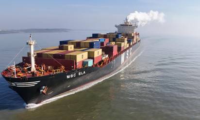 epa12794404 A drone image shows an aerial view of MSC Ela registered in Panama (IMO 9282259) leaving Antwerp harbour, near Hansweert, the Netherlands, 04 March 2026. The EU Commission is to present EU Industrial Maritime and Port Strategies, following the closure of the Strait of Hormuz amid the escalating regional conflict leading to growing concern over global oil supplies. EPA/OLIVIER HOSLET